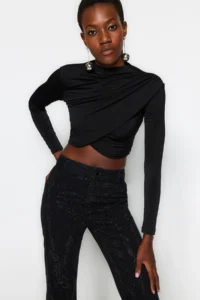 TRENDYOLMİLLA Black High Neck Drapeli Crop Blouse - Image 2