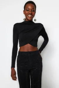 TRENDYOLMİLLA Black High Neck Drapeli Crop Blouse - Image 3