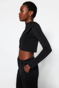 TRENDYOLMİLLA Black High Neck Drapeli Crop Blouse - Image 4