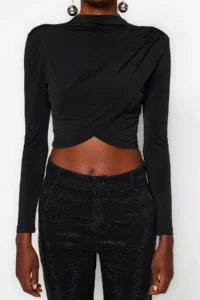 TRENDYOLMİLLA Black High Neck Drapeli Crop Blouse - Image 5