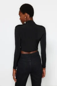 TRENDYOLMİLLA Black High Neck Drapeli Crop Blouse - Image 6