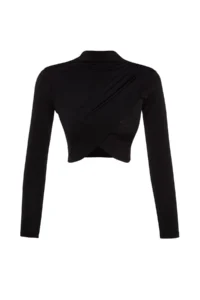 TRENDYOLMİLLA Black High Neck Drapeli Crop Blouse - Image 7