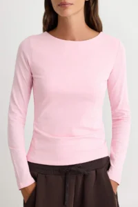 TRENDYOLMİLLA Light PINK Cotton Boat Neck Fitted Flexible Blouse - Image 3
