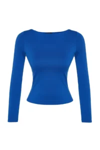TRENDYOLMİLLA Saks BLUE Cotton Flexible Boat Neck Fitted Flexible Knitting Blouse - Image 6