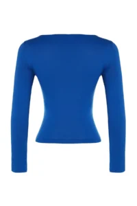 TRENDYOLMİLLA Saks BLUE Cotton Flexible Boat Neck Fitted Flexible Knitting Blouse - Image 8