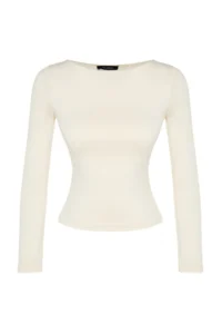 TRENDYOLMİLLA Stone Cotton Flexible Boat Neck Fitted Flexible Knitting Blouse - Image 11