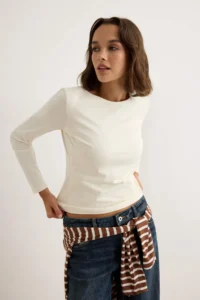 TRENDYOLMİLLA Stone Cotton Flexible Boat Neck Fitted Flexible Knitting Blouse - Image 2