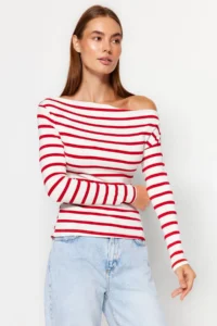 TRENDYOLMİLLA Red Striped Soft Fabric Fitted Boat Neck Knitting Blouse - Image 2