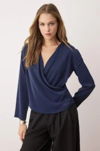 TRENDYOLMİLLA NAVY BLUE Double breasted Satin Weaving Blouse - Image 2