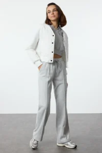 TRENDYOLMİLLA Gray Melange Thessaloniki Material Ribbed Detailed with pocket Wide Plain Knitting Sweatpants Pants