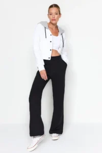 TRENDYOLMİLLA Black Wideleg/Comfortable Cut with pocket Corded Thick/Inner Fleece Knitting Sweatpants Pants - Image 2