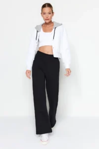 TRENDYOLMİLLA Black Wideleg/Comfortable Cut with pocket Corded Thick/Inner Fleece Knitting Sweatpants Pants - Image 3