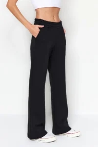 TRENDYOLMİLLA Black Wideleg/Comfortable Cut with pocket Corded Thick/Inner Fleece Knitting Sweatpants Pants - Image 4