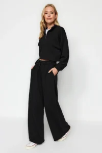 TRENDYOLMİLLA Black Thick Extra Wide Leg High Waist Knitting Sweatpants Pants