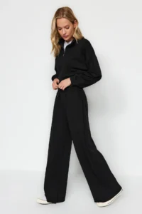 TRENDYOLMİLLA Black Thick Extra Wide Leg High Waist Knitting Sweatpants Pants - Image 2