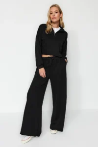 TRENDYOLMİLLA Black Thick Extra Wide Leg High Waist Knitting Sweatpants Pants - Image 3