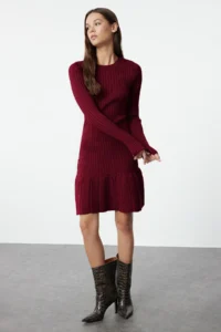 TRENDYOLMİLLA Burgundy Mini pleated Knit Dress - Image 2