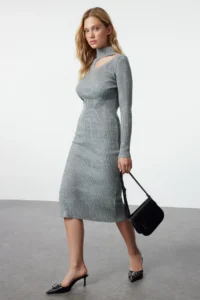 TRENDYOLMİLLA Anthracite Midi Knitwear Polo Shirt Collar Dress