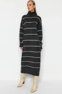 TRENDYOLMİLLA Anthracite Maxi Wide Pattern Soft textured Knit Dress - Image 2