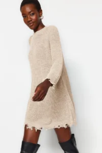 TRENDYOLMİLLA Beige Short/Mini Wide Pattern Flowing Detailed Knit Dress - Image 2