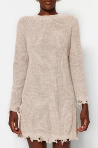 TRENDYOLMİLLA Beige Short/Mini Wide Pattern Flowing Detailed Knit Dress - Image 5