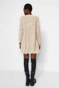 TRENDYOLMİLLA Beige Short/Mini Wide Pattern Flowing Detailed Knit Dress - Image 6