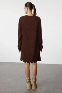 TRENDYOLMİLLA Brown Short/Mini Wide Pattern Flowing Detailed Knit Dress - Image 4
