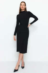 TRENDYOLMİLLA Black Drape Detailed High Neck A-line Flexible Midi Knitting Dress - Image 2