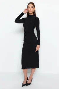 TRENDYOLMİLLA Black Drape Detailed High Neck A-line Flexible Midi Knitting Dress - Image 3