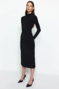 TRENDYOLMİLLA Black Drape Detailed High Neck A-line Flexible Midi Knitting Dress - Image 4