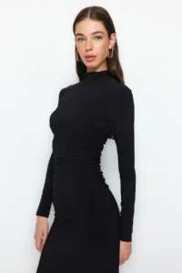 TRENDYOLMİLLA Black Drape Detailed High Neck A-line Flexible Midi Knitting Dress - Image 5