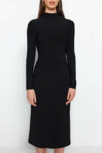 TRENDYOLMİLLA Black Drape Detailed High Neck A-line Flexible Midi Knitting Dress - Image 6