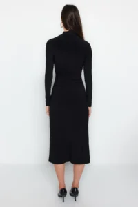 TRENDYOLMİLLA Black Drape Detailed High Neck A-line Flexible Midi Knitting Dress - Image 7