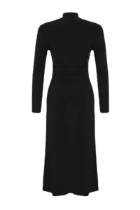 TRENDYOLMİLLA Black Drape Detailed High Neck A-line Flexible Midi Knitting Dress - Image 8