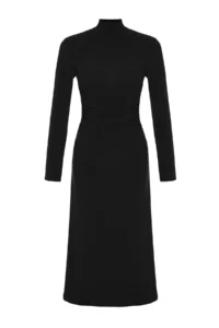 TRENDYOLMİLLA Black Drape Detailed High Neck A-line Flexible Midi Knitting Dress - Image 9
