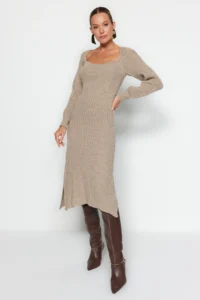 TRENDYOLMİLLA Mink Midi Heart Collar Knit Dress - Image 2