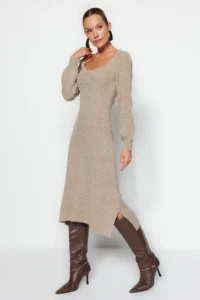 TRENDYOLMİLLA Mink Midi Heart Collar Knit Dress - Image 3