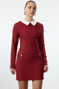 TRENDYOLMİLLA Burgundy Collar Detailed Weaving Dress - Image 2