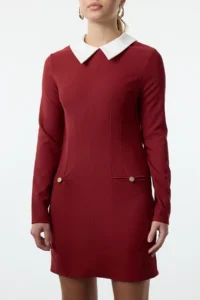 TRENDYOLMİLLA Burgundy Collar Detailed Weaving Dress - Image 3