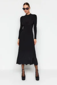 TRENDYOLMİLLA Black Low-cut back Skirt with flywheel High Neck Maxi Length Flexible Knitting Dress - Image 2