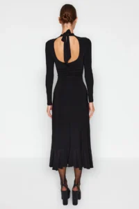 TRENDYOLMİLLA Black Low-cut back Skirt with flywheel High Neck Maxi Length Flexible Knitting Dress - Image 5