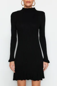 TRENDYOLMİLLA Black Mini Volan Detailed Knit Dress - Image 4