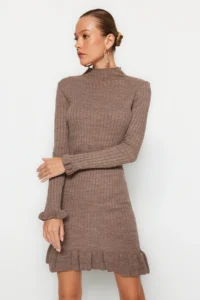 TRENDYOLMİLLA Mink Mini Volan Detailed Knit Dress - Image 3