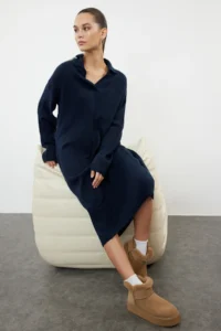 TRENDYOLMİLLA More Sustainable NAVY BLUE Midi Soft textured Knit Dress