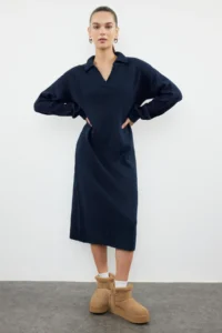 TRENDYOLMİLLA More Sustainable NAVY BLUE Midi Soft textured Knit Dress - Image 2