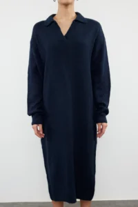 TRENDYOLMİLLA More Sustainable NAVY BLUE Midi Soft textured Knit Dress - Image 3