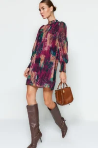 TRENDYOLMİLLA Multicolored Abstract Patterned shift/Plain Cut Short / Mini Weaving Siphon Dress