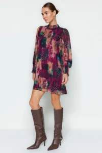TRENDYOLMİLLA Multicolored Abstract Patterned shift/Plain Cut Short / Mini Weaving Siphon Dress - Image 2