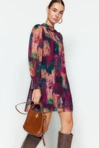 TRENDYOLMİLLA Multicolored Abstract Patterned shift/Plain Cut Short / Mini Weaving Siphon Dress - Image 3