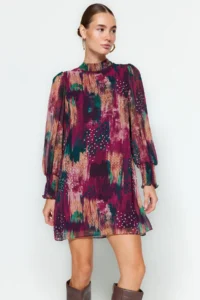 TRENDYOLMİLLA Multicolored Abstract Patterned shift/Plain Cut Short / Mini Weaving Siphon Dress - Image 4